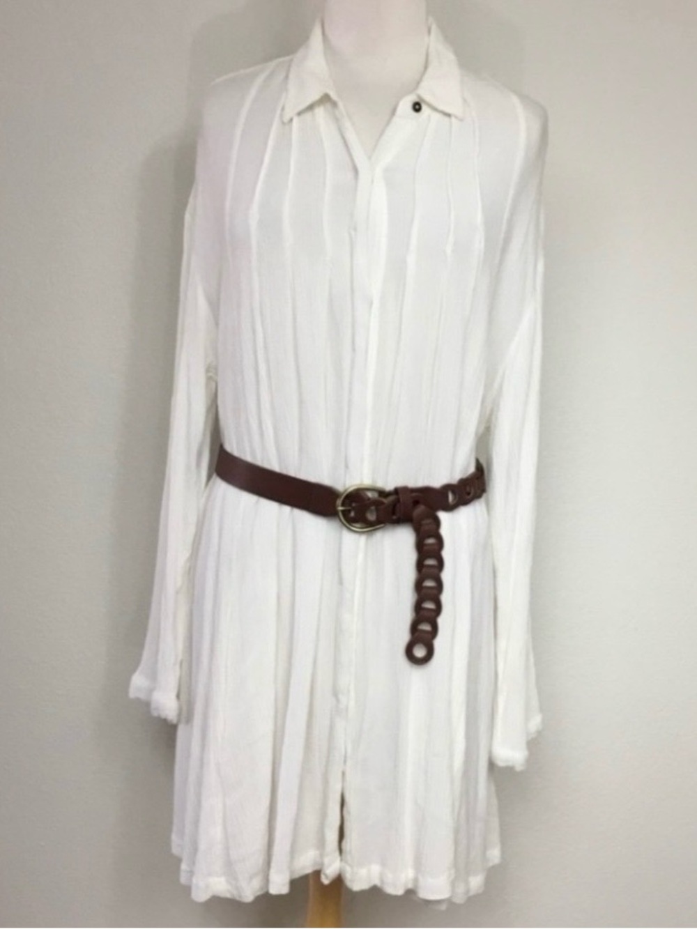 Free People Womens Ivory Gauzy Button Collared Long Sleeve Shirt Dress Size M